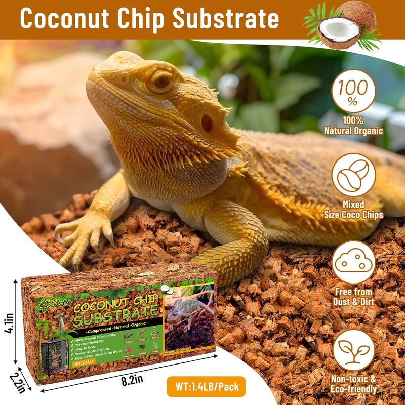 Riare 8 Pack Natural Coconut Chip Substrate for Reptiles- Compressed Coconut Husk Reptiles Bedding, Coco Husk Chip Terrarium Substrate for Snakes, Tortoises, Ball Python, Frogs, Bearded Dragon, Lizard - Image 2